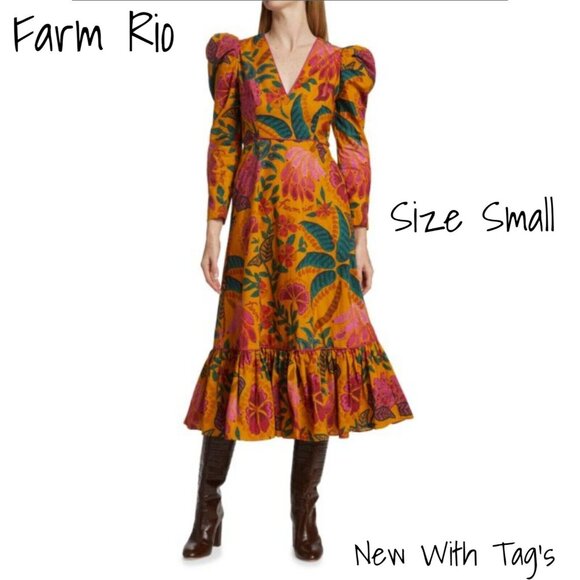 Farm Rio Midi Dress  Puff Long Sleeve Print Cotton Yellow  Small New With Tag - Picture 1 of 7
